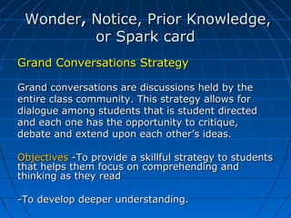 WonderWonder,, Notice, Prior Knowledge,Notice, Prior Knowledge,
or Spark cardor Spark card
Grand Conversations StrategyGrand Conversations Strategy
Grand conversations are discussions held by theGrand conversations are discussions held by the
entire class community. This strategy allows forentire class community. This strategy allows for
dialogue among students that is student directeddialogue among students that is student directed
and each one has the opportunity to critique,and each one has the opportunity to critique,
debate and extend upon each other’s ideas.debate and extend upon each other’s ideas.
ObjectivesObjectives -To provide a skillful strategy to students-To provide a skillful strategy to students
that helps them focus on comprehending andthat helps them focus on comprehending and
thinking as they readthinking as they read
-To develop deeper understanding.-To develop deeper understanding.
 