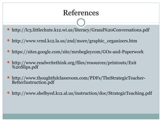 References
 http://lc3.littlechute.k12.wi.us/literacy/Grand%20Conversations.pdf
 http://www.vrml.k12.la.us/2nd/more/graphic_organizers.htm
 https://sites.google.com/site/mrsbegleycom/GOs-and-Paperwork
 http://www.readwritethink.org/files/resources/printouts/Exit
%20Slips.pdf
 http://www.thoughtfulclassroom.com/PDFs/TheStrategicTeacher-
BetterInstruction.pdf
 http://www.shelbyed.k12.al.us/instruction/doc/StrategicTeaching.pdf
 