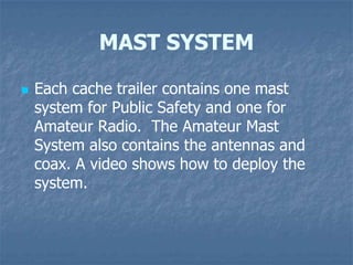 MAST SYSTEM


Each cache trailer contains one mast
system for Public Safety and one for
Amateur Radio. The Amateur Mast
System also contains the antennas and
coax. A video shows how to deploy the
system.

 