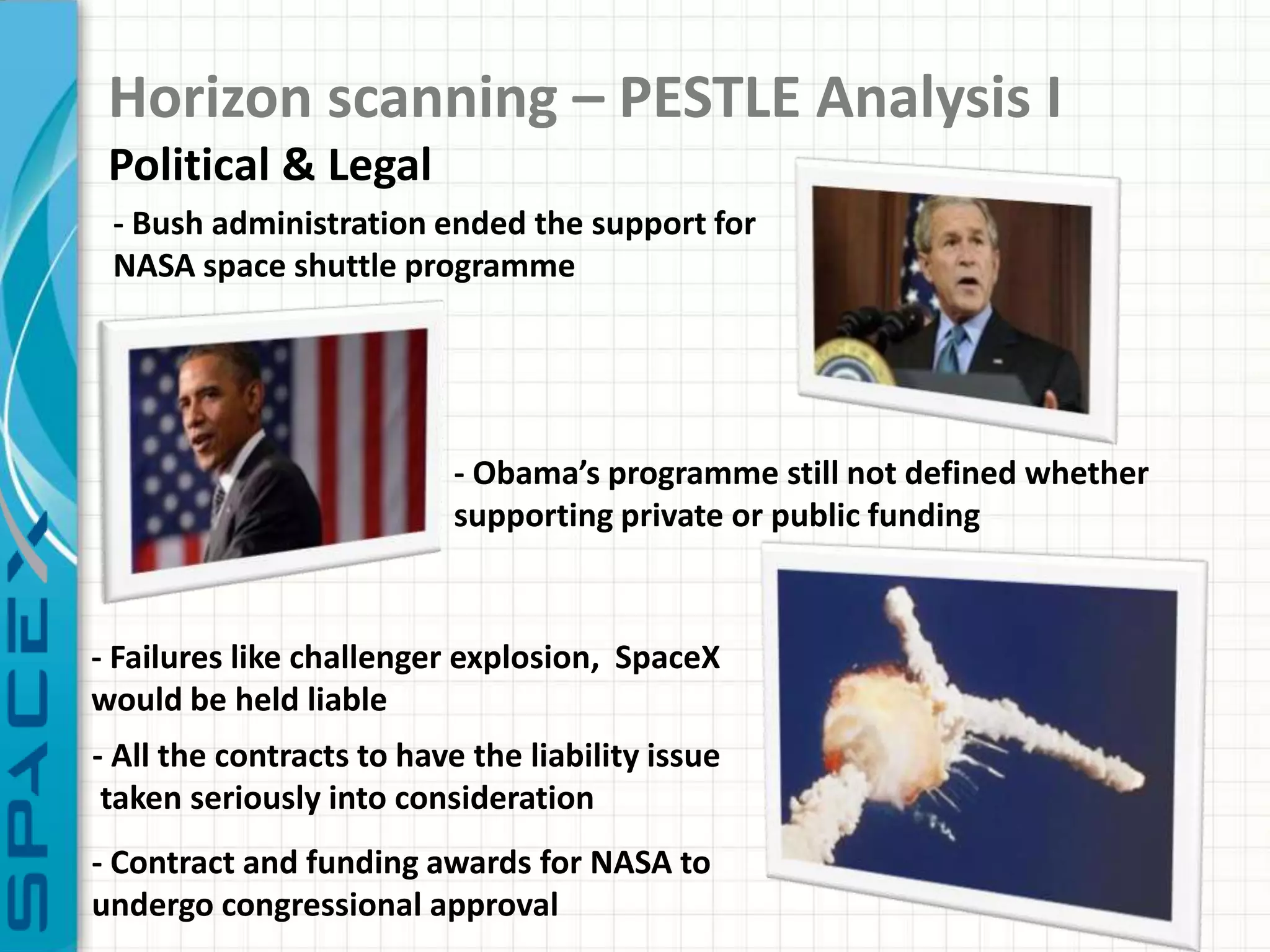 Horizon scanning – PESTLE Analysis I
 Political & Legal
 - Bush administration ended the support for
 NASA space shuttle programme




                           - Obama’s programme still not defined whether
                           supporting private or public funding



- Failures like challenger explosion, SpaceX
would be held liable
- All the contracts to have the liability issue
 taken seriously into consideration
- Contract and funding awards for NASA to
undergo congressional approval
 