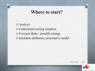 Where to start?
O Analysis
O Understand existing situation
O Forecast likely / possible change
O Intended, deliberate, prescriptive model
5/14/2023 115
 