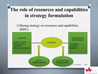 The role of resources and capabilities
in strategy formulation
O Basing strategy on resources and capabilities
(RBV)
THE FIRM
•Goals and values
•Resources and
capabilities
•Structure and systems
THE INDUSTRY
ENVIRONMENT
•Competitors
•Customers
•Suppliers
STRATEGY
The Environment-
Strategy Interface
The Firm-
Strategy Interface
5/14/2023 135
 
