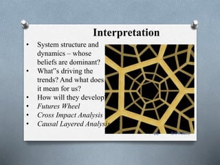 Interpretation
• System structure and
dynamics – whose
beliefs are dominant?
• What‟s driving the
trends? And what does
it mean for us?
• How will they develop?
• Futures Wheel
• Cross Impact Analysis
• Causal Layered Analysis
5/14/2023
66
 