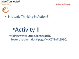 Inter-Connected
Consulting                              Adapt to Chaos




   • Strategic Thinking in Action?


             •Activity II
       http://www.youtube.com/watch?
         feature=player_detailpage&v=C2YZnTL596Q
 