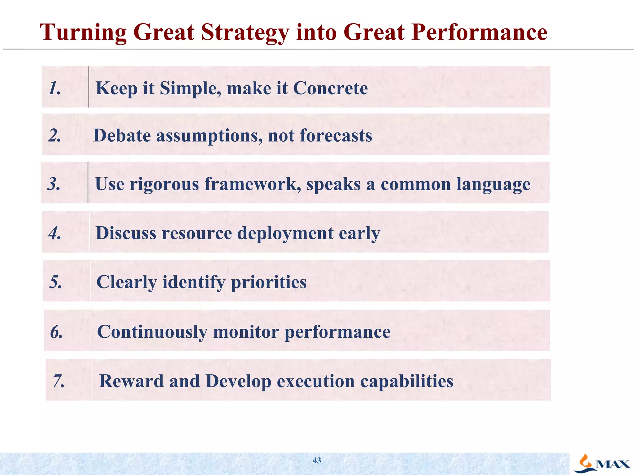 Turning Great Strategy into Great Performance 1. Keep it Simple, make it Concrete 3. Use rigorous framework, speaks a common language 2. Debate assumptions, not forecasts 4. Discuss resource deployment early 5. Clearly identify priorities 6. Continuously monitor performance 7. Reward and Develop execution capabilities 