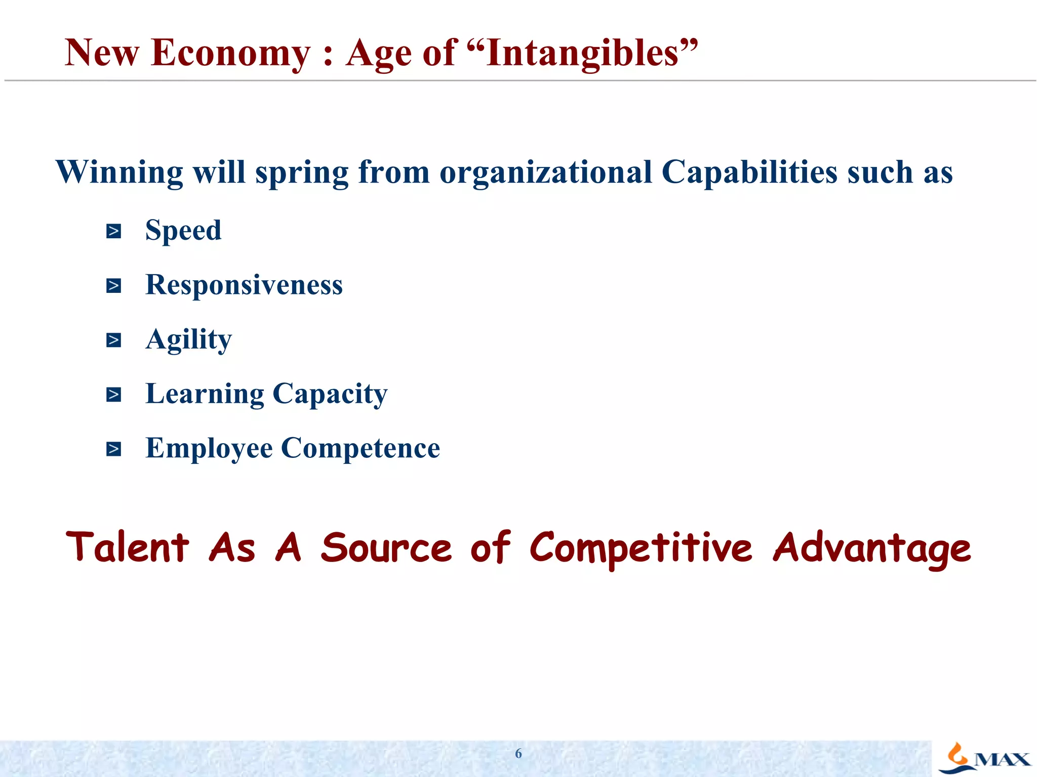New Economy : Age of “Intangibles” Winning will spring from organizational Capabilities such as Speed Responsiveness Agility Learning Capacity Employee Competence Talent As A Source of Competitive Advantage 