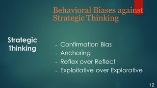 Strategic
Thinking
Behavioral Biases against
Strategic Thinking
12
 Confirmation Bias
 Anchoring
 Reflex over Reflect
 Exploitative over Explorative
 
