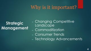 Strategic
Management
Why is it important?
4
 Changing Competitive
Landscape
 Commoditization
 Consumer Trends
 Technology Advancements
 