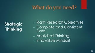 Strategic
Thinking
What do you need?
9
 Right Research Objectives
 Complete and Consistent
Data
 Analytical Thinking
 Innovative Mindset
 