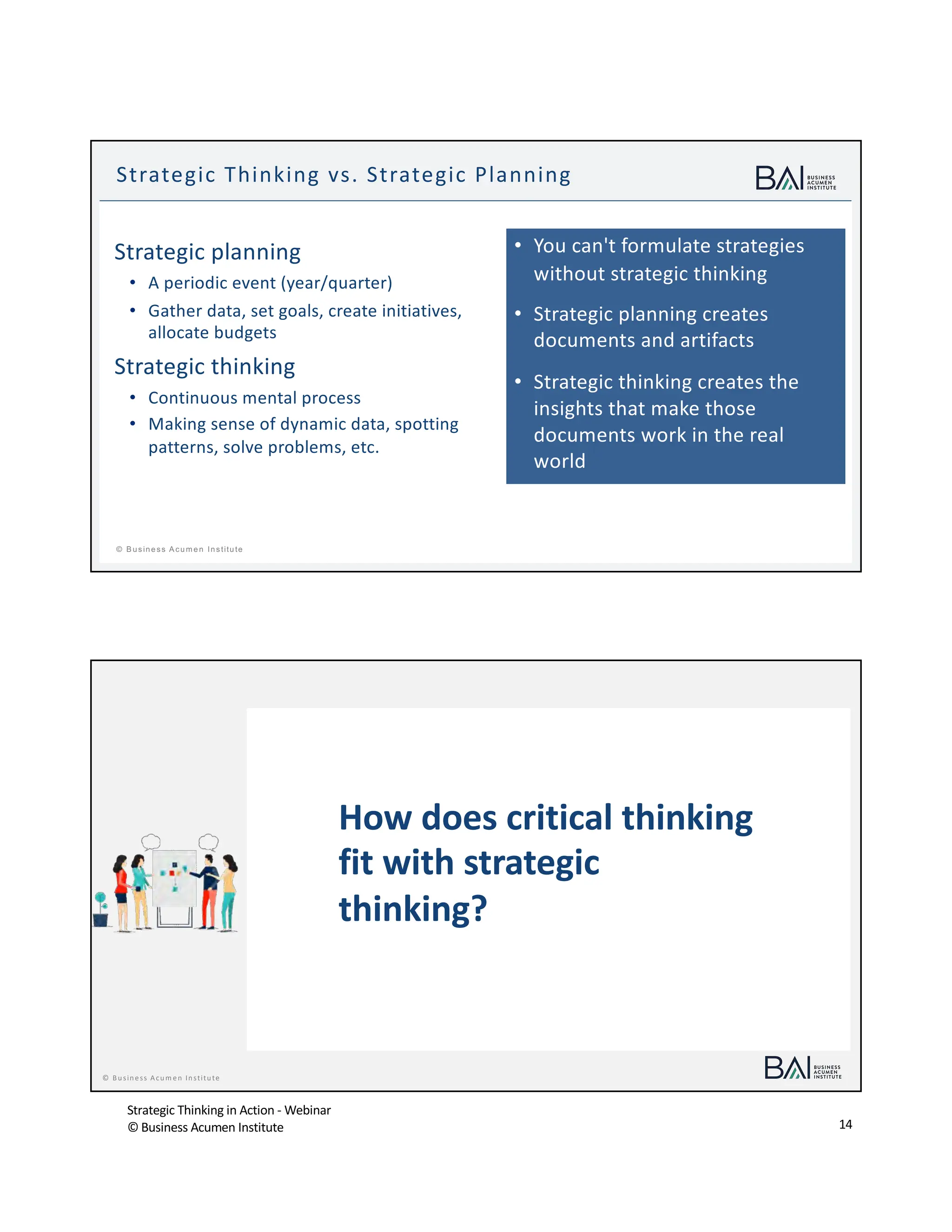 Strategic Thinking in Action - Webinar
© Business Acumen Institute 14
t
© B usiness A cum en Institute
Strategic Thinking vs. Strategic Planning
Strategic planning
• A periodic event (year/quarter)
• Gather data, set goals, create initiatives,
allocate budgets
Strategic thinking
• Continuous mental process
• Making sense of dynamic data, spotting
patterns, solve problems, etc.
• You can't formulate strategies
without strategic thinking
• Strategic planning creates
documents and artifacts
• Strategic thinking creates the
insights that make those
documents work in the real
world
© Business Acum en Institute
How does critical thinking
fit with strategic
thinking?
 