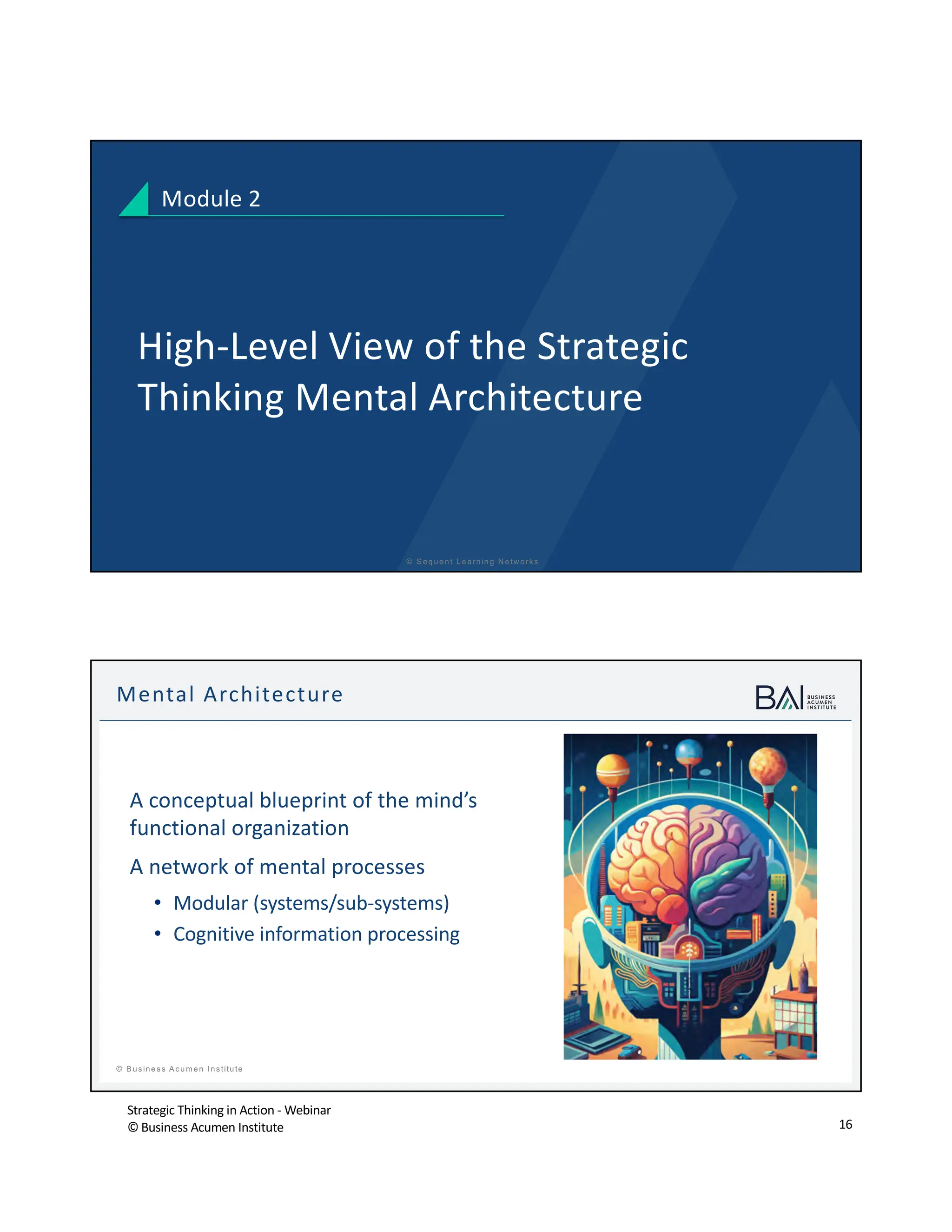 Strategic Thinking in Action - Webinar
© Business Acumen Institute 16
© S equent Learning N etw orks
High-Level View of the Strategic
Thinking Mental Architecture
Module 2
t
© B usiness A cum en Institute
A conceptual blueprint of the mind’s
functional organization
A network of mental processes
• Modular (systems/sub-systems)
• Cognitive information processing
Mental Architecture
 