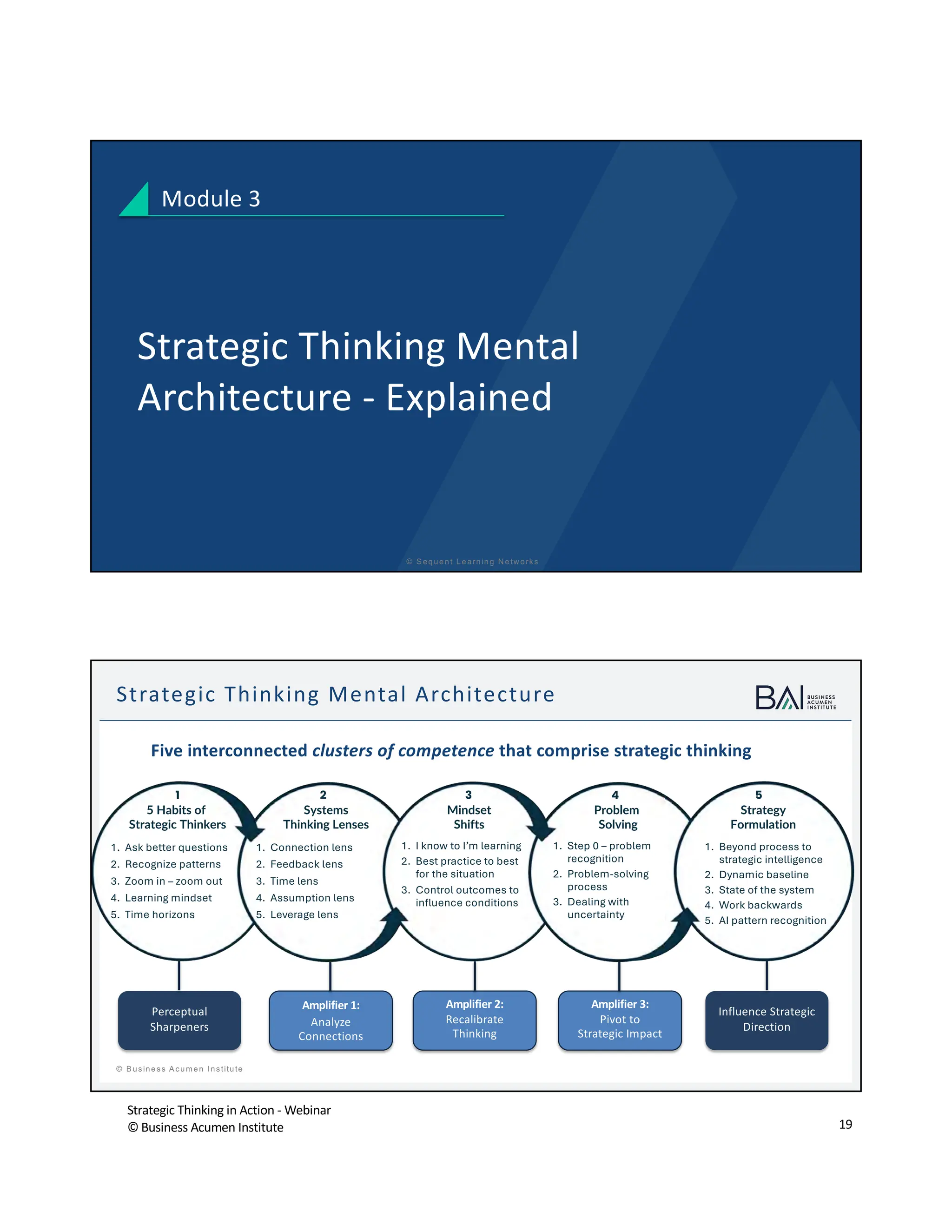 Strategic Thinking in Action - Webinar
© Business Acumen Institute 19
© S equent Learning N etw orks
Strategic Thinking Mental
Architecture - Explained
Module 3
t
© B usiness A cum en Institute
Strategic Thinking Mental Architecture
Five interconnected clusters of competence that comprise strategic thinking
Perceptual
Sharpeners
Amplifier 1:
Analyze
Connections
Amplifier 2:
Recalibrate
Thinking
Amplifier 3:
Pivot to
Strategic Impact
Influence Strategic
Direction
5 Habits of
Strategic Thinkers
Systems
Thinking Lenses
Mindset
Shifts
Problem
Solving
Strategy
Formulation
1. Ask better questions
2. Recognize patterns
3. Zoom in – zoom out
4. Learning mindset
5. Time horizons
1. Connection lens
2. Feedback lens
3. Time lens
4. Assumption lens
5. Leverage lens
1. I know to I’m learning
2. Best practice to best
for the situation
3. Control outcomes to
influence conditions
1. Step 0 – problem
recognition
2. Problem-solving
process
3. Dealing with
uncertainty
1. Beyond process to
strategic intelligence
2. Dynamic baseline
3. State of the system
4. Work backwards
5. AI pattern recognition
1 2 3 4 5
 