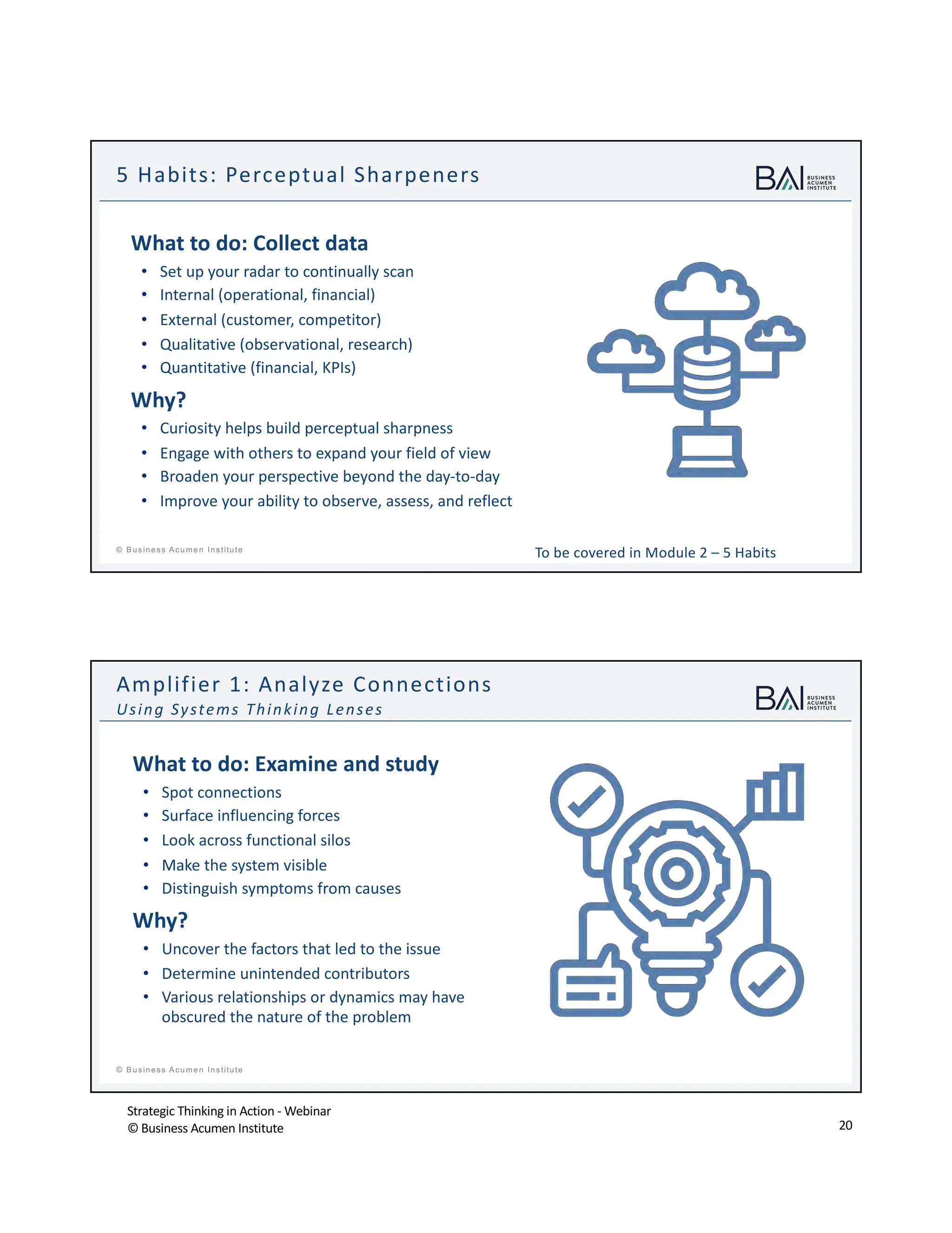 Strategic Thinking in Action - Webinar
© Business Acumen Institute 20
t
© B usiness A cum en Institute
What to do: Collect data
• Set up your radar to continually scan
• Internal (operational, financial)
• External (customer, competitor)
• Qualitative (observational, research)
• Quantitative (financial, KPIs)
Why?
• Curiosity helps build perceptual sharpness
• Engage with others to expand your field of view
• Broaden your perspective beyond the day-to-day
• Improve your ability to observe, assess, and reflect
5 Habits: Perceptual Sharpeners
To be covered in Module 2 – 5 Habits
t
© B usiness A cum en Institute
What to do: Examine and study
• Spot connections
• Surface influencing forces
• Look across functional silos
• Make the system visible
• Distinguish symptoms from causes
Why?
• Uncover the factors that led to the issue
• Determine unintended contributors
• Various relationships or dynamics may have
obscured the nature of the problem
Amplifier 1: Analyze Connections
Using Systems Thinking Lenses
 
