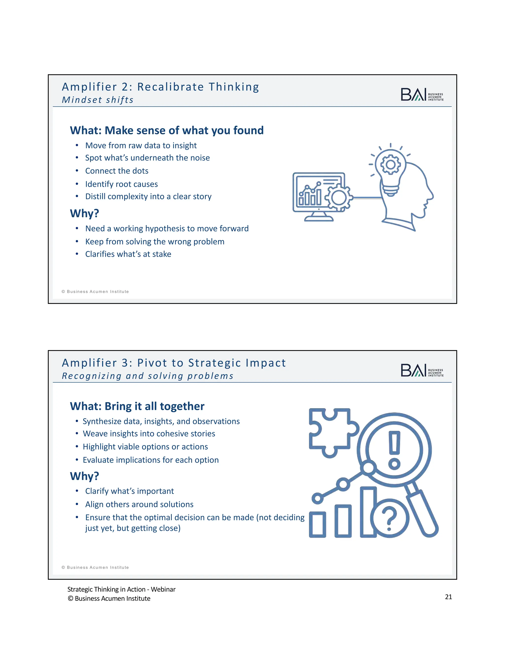 Strategic Thinking in Action - Webinar
© Business Acumen Institute 21
t
© B usiness A cum en Institute
What: Make sense of what you found
• Move from raw data to insight
• Spot what’s underneath the noise
• Connect the dots
• Identify root causes
• Distill complexity into a clear story
Why?
• Need a working hypothesis to move forward
• Keep from solving the wrong problem
• Clarifies what’s at stake
Amplifier 2: Recalibrate Thinking
Mindset shifts
t
© B usiness A cum en Institute
What: Bring it all together
• Synthesize data, insights, and observations
• Weave insights into cohesive stories
• Highlight viable options or actions
• Evaluate implications for each option
Why?
• Clarify what’s important
• Align others around solutions
• Ensure that the optimal decision can be made (not deciding
just yet, but getting close)
Amplifier 3: Pivot to Strategic Impact
Recognizing and solving problems
 