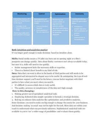 Both intuition and analytics matter
It’s no longer good enough to make decisions based on intuition alone.
Skills: Social media means a TV pilot can burn out on opening night or a film’s
prospects can change quickly. Data about finicky customers isn’t always available today,
but once it is, skills will need to rise quickly.
 Senior management lacks the necessary skills or expertise.
 There is a limited direct benefit to my kind of role.
Data: Data that you want is often in the hands of third parties and still needs to be
aggregated and interpreted in elegant ways tobe useful. By anticipating the type of real-
time decision support you’ll need in the future, you can better negotiate with third
parties to have what you need, when you need it.
 It’s difficult to assess which data is truly useful.
 The quality, accuracy or completeness of the data isn’t high enough
How is this changing :
1. Making greater use of specialized analytical tools.
2. Employing dedicated data insight specialist to formula a strategic decision.
3. Relying on enhance data analytics like optimization and predictive analytics.
Some decisions you need to make are big enough to change the course for your business.
And decision making ‘as usual’ may not be right for the task. More data are within your
reach to understand what was previously unknown. Sophisticated analytical tools are
available to you to ‘see’ a wider range of possibilities and evaluate them quickly.
 