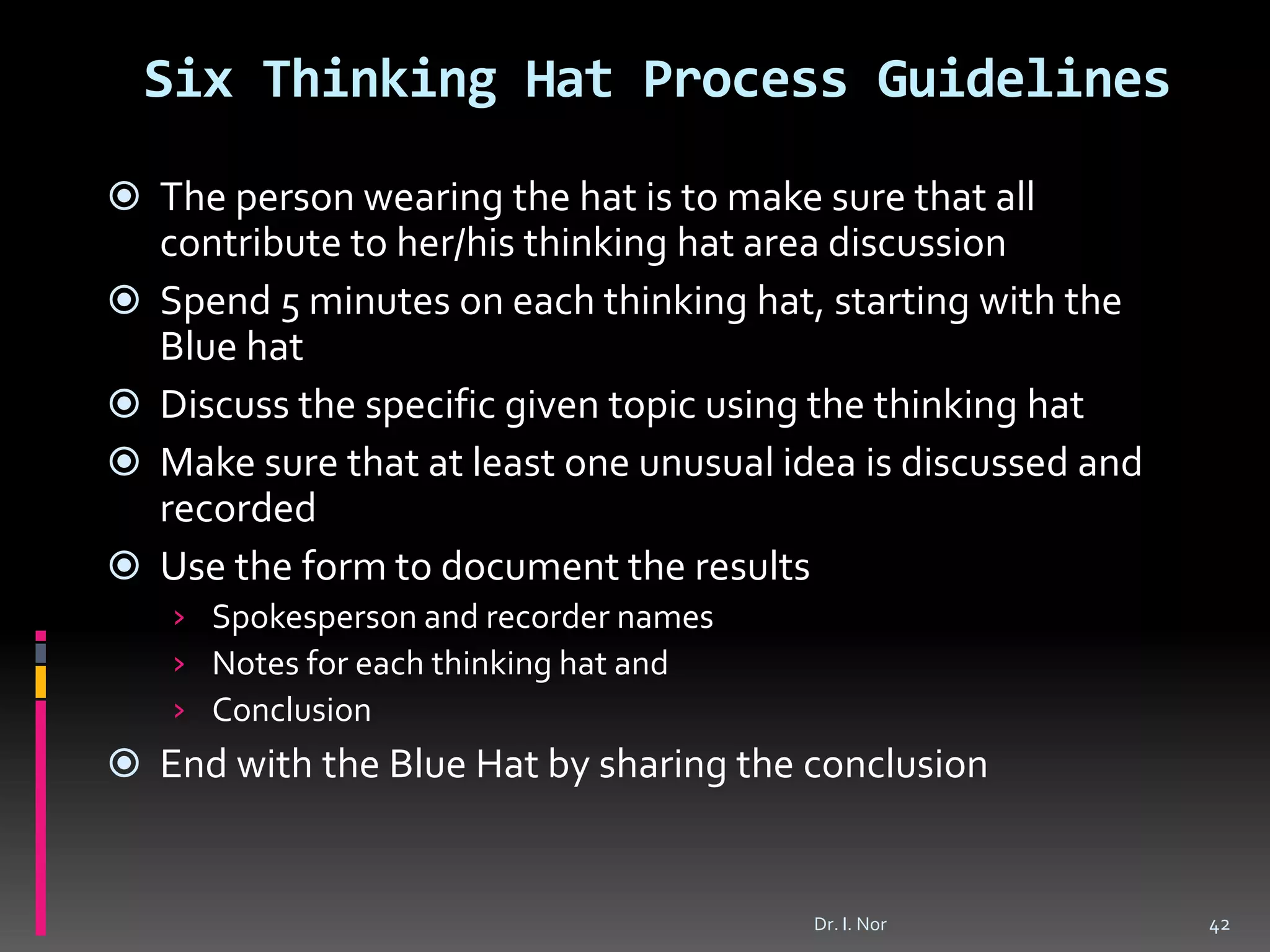 Six Thinking Hat Process Guidelines
 The person wearing the hat is to make sure that all
contribute to her/his thinking hat area discussion
 Spend 5 minutes on each thinking hat, starting with the
Blue hat
 Discuss the specific given topic using the thinking hat
 Make sure that at least one unusual idea is discussed and
recorded
 Use the form to document the results
› Spokesperson and recorder names
› Notes for each thinking hat and
› Conclusion
 End with the Blue Hat by sharing the conclusion
42Dr. I. Nor
 