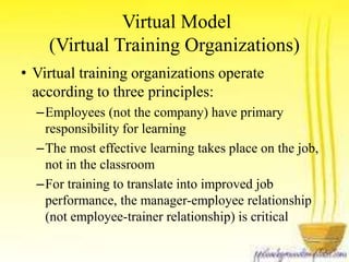 Virtual Model 
(Virtual Training Organizations) 
• Virtual training organizations operate 
according to three principles: 
–Employees (not the company) have primary 
responsibility for learning 
–The most effective learning takes place on the job, 
not in the classroom 
–For training to translate into improved job 
performance, the manager-employee relationship 
(not employee-trainer relationship) is critical 
 