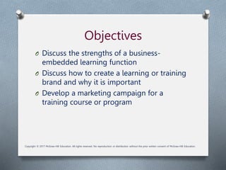 Objectives
O Discuss the strengths of a business-
embedded learning function
O Discuss how to create a learning or training
brand and why it is important
O Develop a marketing campaign for a
training course or program
Copyright © 2017 McGraw-Hill Education. All rights reserved. No reproduction or distribution without the prior written consent of McGraw-Hill Education.
 