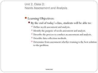 Unit 2, Class 2:
Needs Assessment and Analysis
Learning Objectives:
By the end of today’s class, students will be able to:
 Define needs assessment and analysis.
 Identify the purpose of needs assessment and analysis.
 Describe the process to conduct an assessment and analysis.
 Describe data collection methods.
 Determine from assessment whether training is the best solution

to the problem.

14

SHRM 2009

©

 
