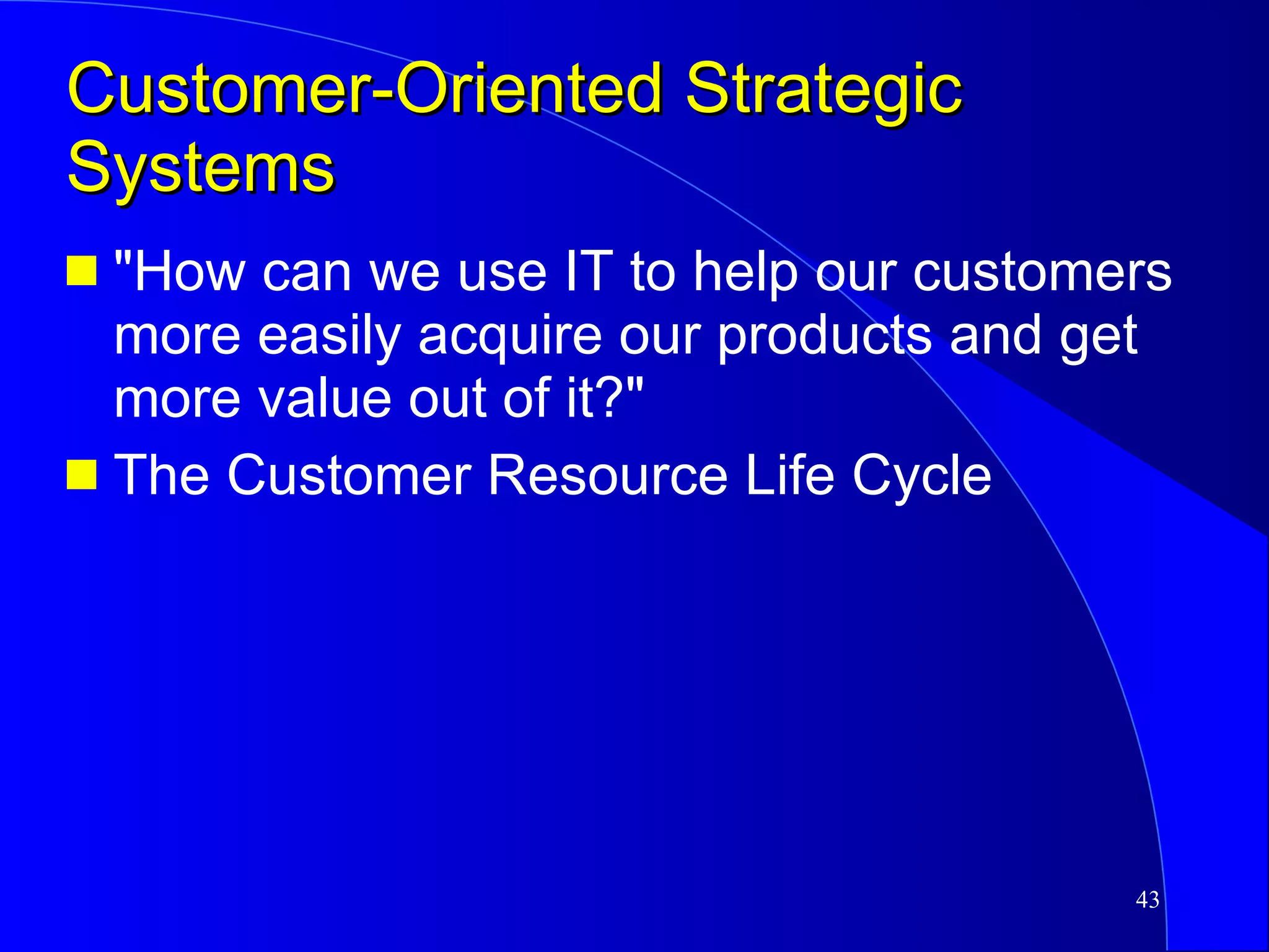 Customer-Oriented Strategic Systems "How can we use IT to help our customers more easily acquire our products and get more value out of it?" The Customer Resource Life Cycle 