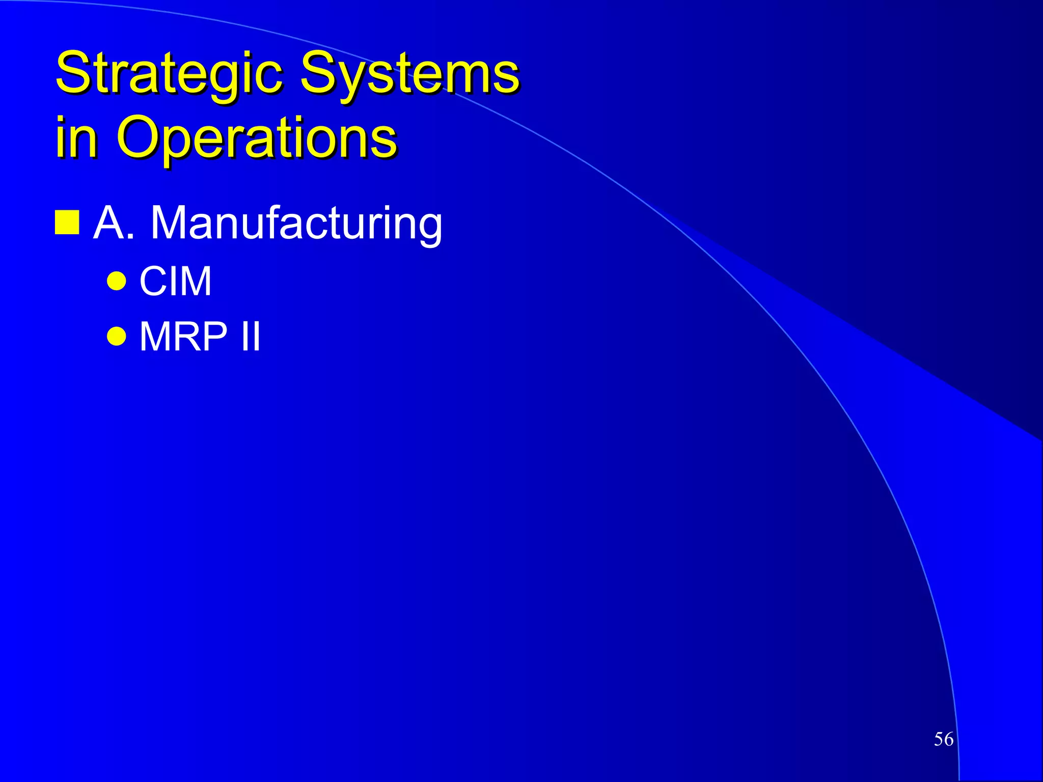 Strategic Systems in Operations A. Manufacturing CIM MRP II 