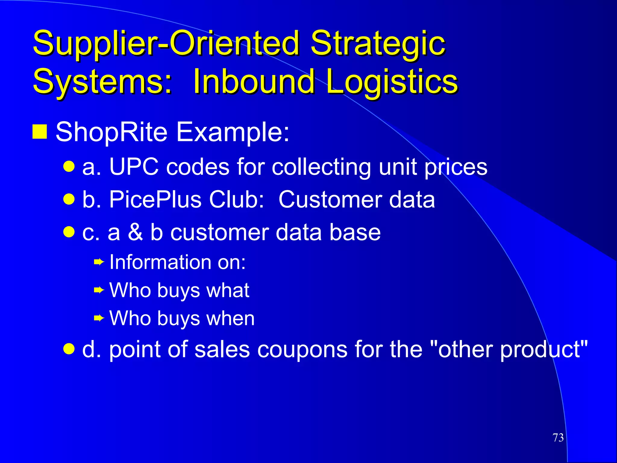 Supplier-Oriented Strategic Systems:  Inbound Logistics ShopRite Example: a. UPC codes for collecting unit prices b. PicePlus Club:  Customer data c. a & b customer data base Information on: Who buys what Who buys when d. point of sales coupons for the "other product" 