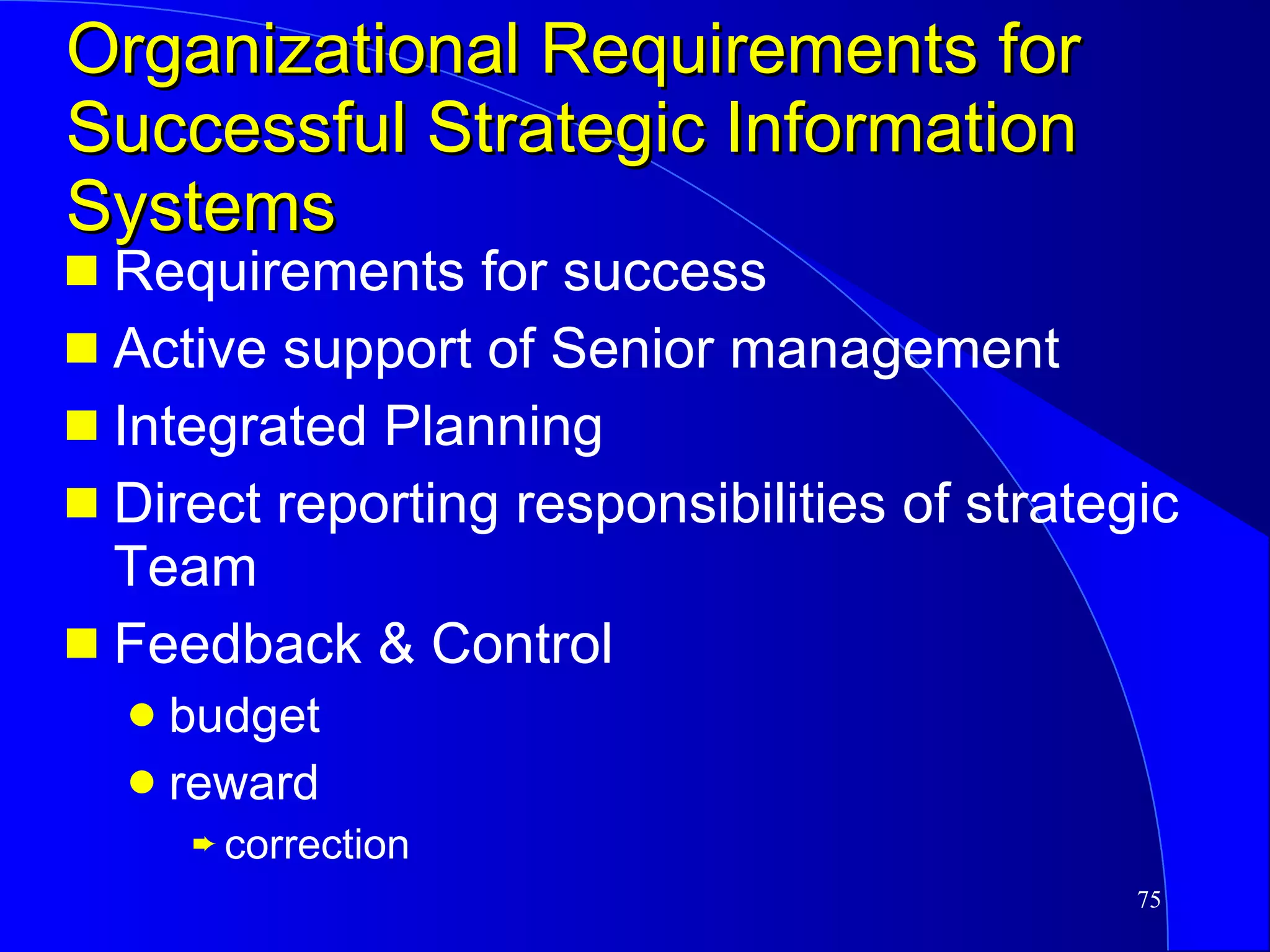 Organizational Requirements for Successful Strategic Information Systems Requirements for success Active support of Senior management Integrated Planning Direct reporting responsibilities of strategic Team Feedback & Control budget reward correction 