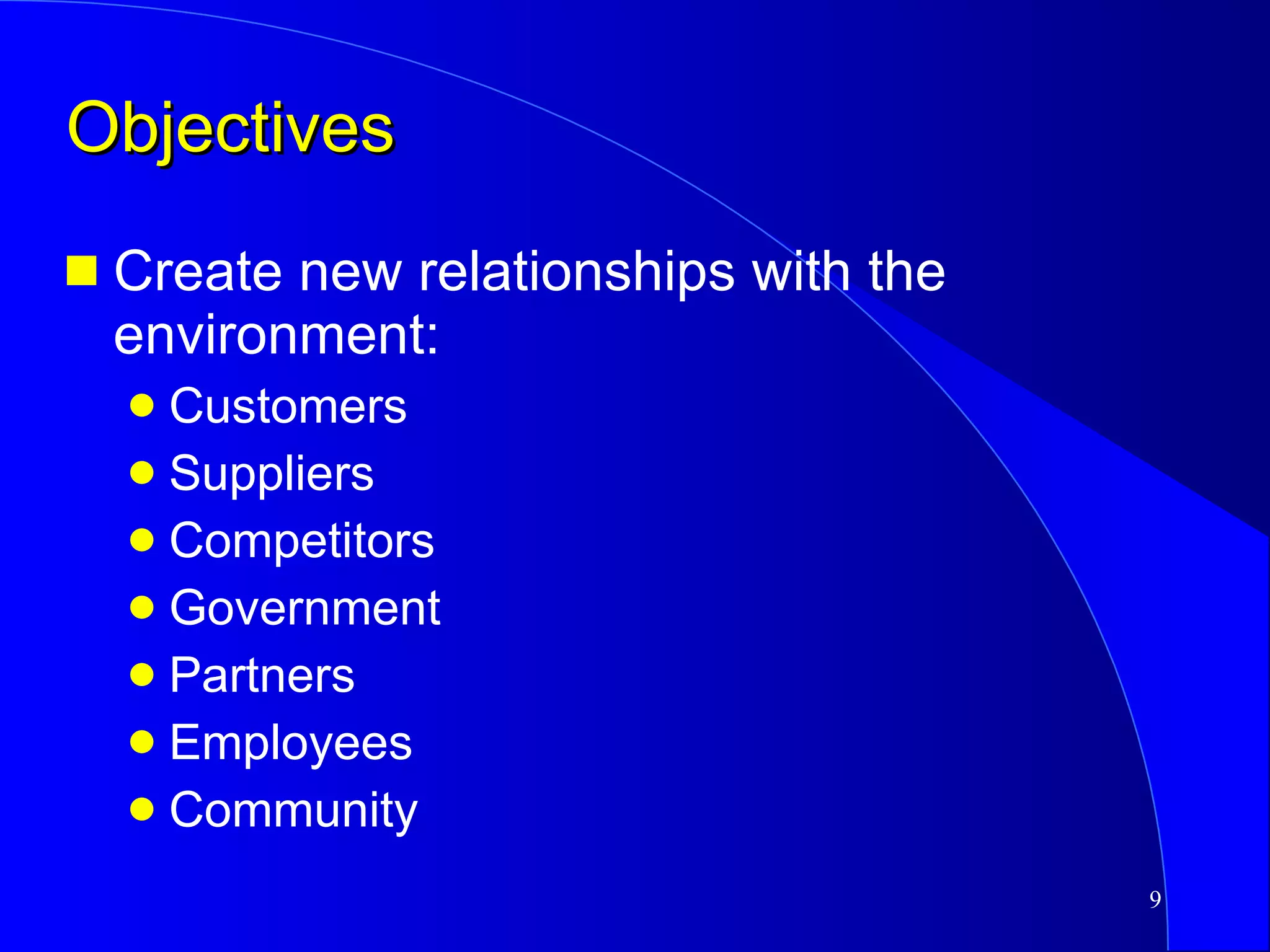 Objectives Create new relationships with the environment: Customers Suppliers Competitors  Government Partners Employees Community 