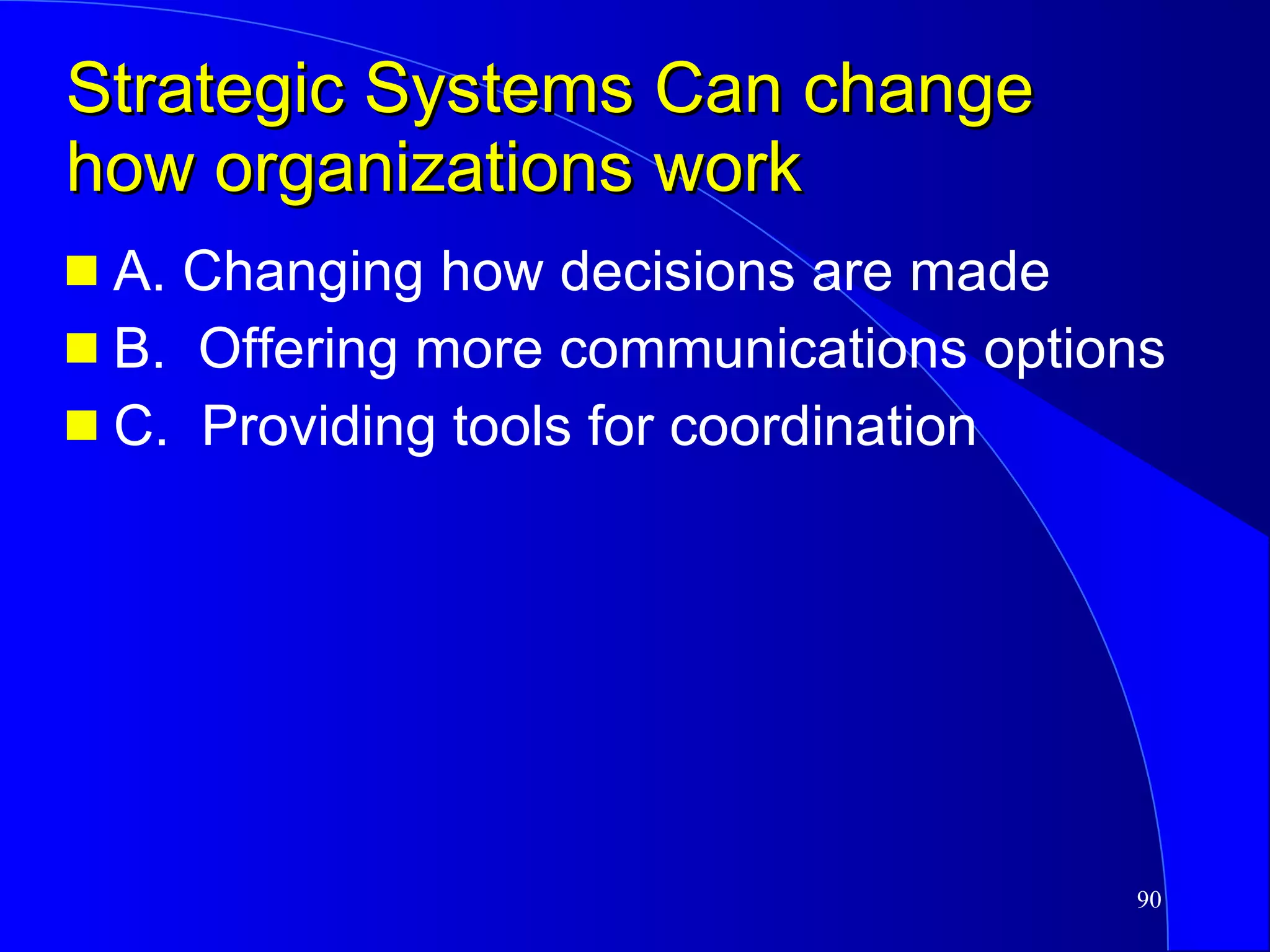 Strategic Systems Can change how organizations work A. Changing how decisions are made B.  Offering more communications options C.  Providing tools for coordination 