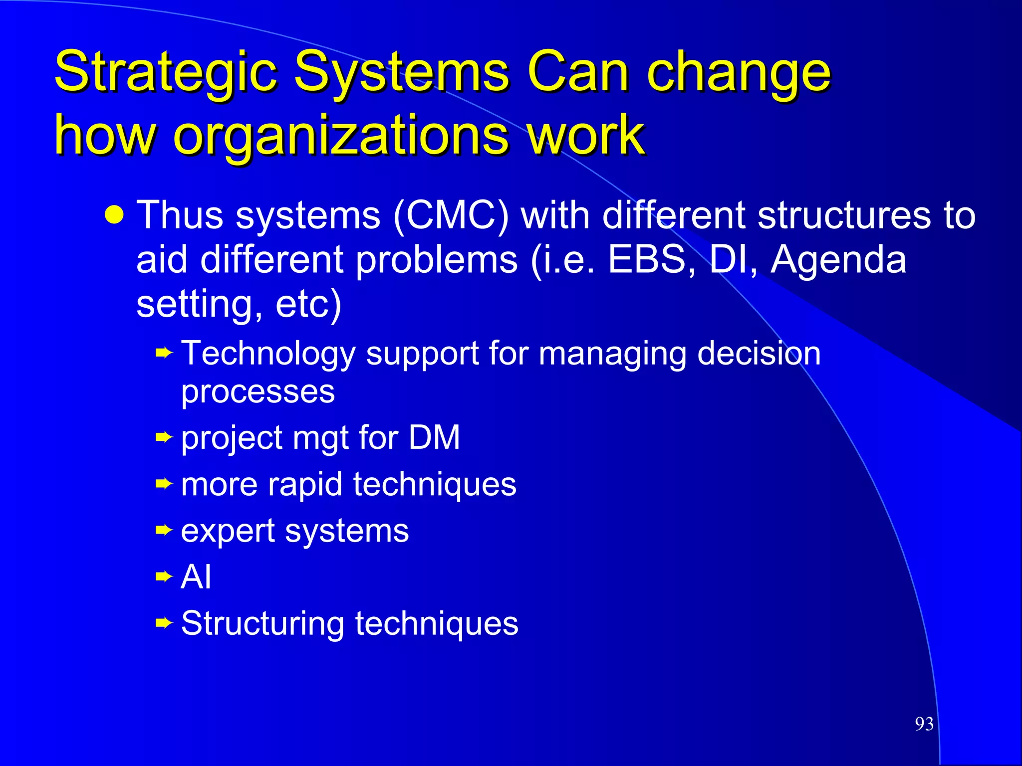 Strategic Systems Can change how organizations work Thus systems (CMC) with different structures to aid different problems (i.e. EBS, DI, Agenda setting, etc)  Technology support for managing decision processes project mgt for DM more rapid techniques expert systems AI Structuring techniques  