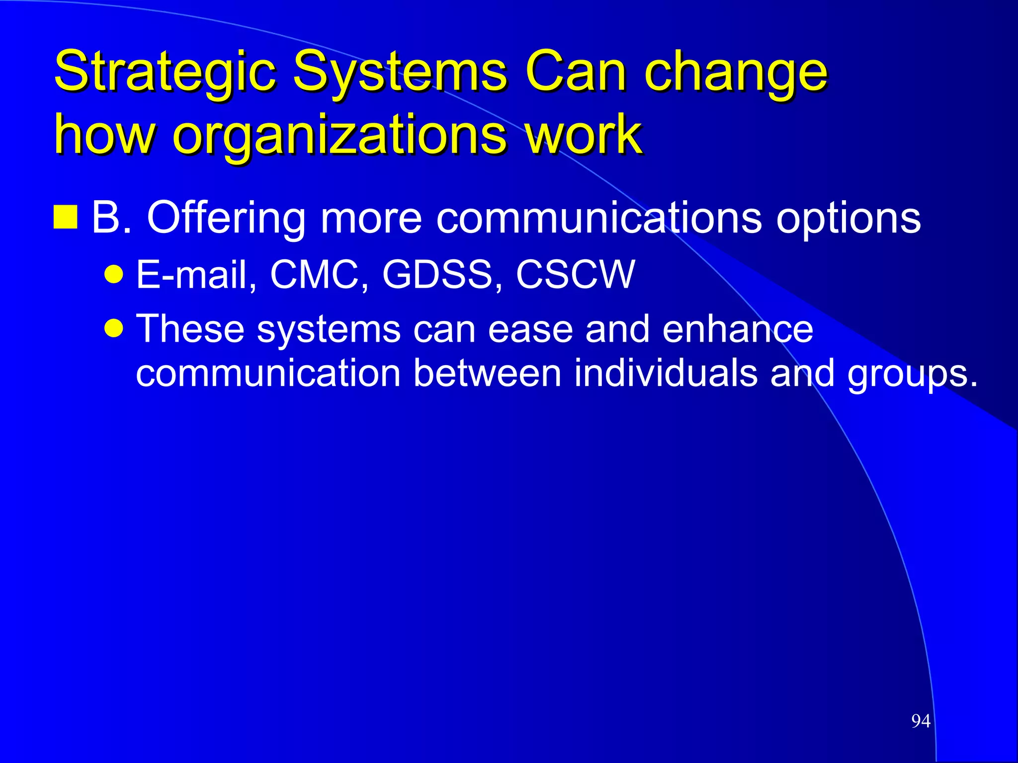 Strategic Systems Can change how organizations work B. Offering more communications options E-mail, CMC, GDSS, CSCW These systems can ease and enhance communication between individuals and groups. 