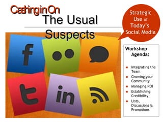 The Usual Suspects Cashing in On <ul><li>Workshop Agenda: </li></ul><ul><li>Integrating the Team </li></ul><ul><li>Growing...