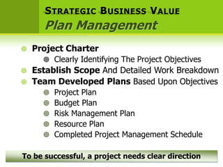S TRATEGIC B USINESS V ALUE
      Plan Management
   Project Charter
       Clearly Identifying The Project Objectives
 Establish Scope And Detailed Work Breakdown
 Team Developed Plans Based Upon Objectives
         Project Plan
         Budget Plan
         Risk Management Plan
         Resource Plan
         Completed Project Management Schedule

To be successful, a project needs clear direction
 