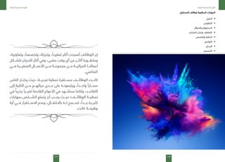 177
‫الرابعة‬ ‫الصناعية‬ ‫الثورة‬
176
‫الرابعة‬ ‫الصناعية‬ ‫الثورة‬
‫المستقبل‬ ‫لوظائف‬ ‫المطلوبة‬ ‫المهارات‬
• 	.‫التخيل‬
• 	.‫التفاوض‬
• 	.‫والسؤال‬ ‫االستفهام‬
• 	.‫المشاعر‬ ‫وتبادل‬ ‫التعاطف‬
• 	.‫والقصص‬ ‫الحكاية‬
• 	.‫التواصل‬
• 	.‫اإلبداع‬
• 	.‫التصميم‬
،‫وتعاونية‬ ،ً‫وتخصصا‬ ،‫وتجزئة‬ ،ً‫تعقيدا‬ ‫أكثر‬ ‫أصبحت‬ ‫الوظائف‬ ‫إن‬
‫تتشـــكل‬ ‫األحيان‬ ‫أكثر‬ ‫وفي‬ ،‫مضى‬ ‫وقت‬ ‫أي‬ ‫من‬ ‫أكثـــر‬ ‫ومتطـــورة‬
‫فـــي‬ ‫الصغيـــرة‬ ‫األعمـــال‬ ‫مـــن‬ ‫مجموعـــة‬ ‫مـــن‬ ‫الحياتيـــة‬ ‫أعمالنـــا‬
.‫الماضي‬
‫الناس‬ ‫يختـــار‬ ‫حيث‬ ،‫فرديـــة‬ ‫نمطية‬ ‫مســـتقرة‬ ‫الوظائـــف‬ ‫كانـــت‬
‫إلى‬ ‫الكلية‬ ‫مـــن‬ ‫حياتهـــم‬ ‫مـــدى‬ ‫على‬ ‫ويتبعونـــه‬ ،ً‫واحـــدا‬ ً‫مســـارا‬
‫في‬ ًّ‫جذريا‬ ً‫تغيـــرا‬ ‫القادمة‬ ‫األعوام‬ ‫في‬ ‫سنشـــهد‬ ‫ولكننا‬ ،‫التقاعـــد‬
‫بمهارات‬ ‫الشـــخص‬ ‫يتمتع‬ ‫أن‬ ‫يجـــب‬ ‫حيـــث‬ ‫الوظائـــف؛‬ ‫نمطيـــة‬
‫أية‬ ‫فـــي‬ ‫االســـتقرار‬ ‫وعدم‬ ،‫باالنتقـــال‬ ‫لـــه‬ ‫تســـمح‬ ،ًّ‫جـــدا‬ ‫كثيـــرة‬
.‫كانت‬ ‫وظيفـــة‬
 