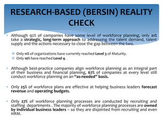 RESEARCH-BASED (BERSIN) REALITY 
CHECK 
 Although 92% of companies have some level of workforce planning, only 21% 
take a strategic, long-term approach to addressing the talent demand, talent 
supply and the actions necessary to close the gap between the two. 
 Only 11% of organizations have currently reached Level 3 of Maturity. 
 Only 10% have reached Level 4. 
 Although best-practice companies align workforce planning as an integral part 
of their business and financial planning, 67% of companies at every level still 
conduct workforce planning on an “as-needed” basis. 
 Only 25% of workforce plans are effective at helping business leaders forecast 
revenue and operating budgets. 
 Only 27% of workforce planning processes are conducted by recruiting and 
staffing departments . The majority of workforce planning processes are owned 
by individual business leaders – so they are disjointed from recruiting and even 
HRM. 
 