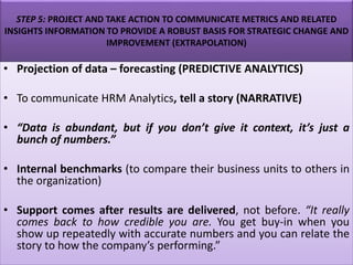STEP 5: PROJECT AND TAKE ACTION TO COMMUNICATE METRICS AND RELATED
INSIGHTS INFORMATION TO PROVIDE A ROBUST BASIS FOR STRATEGIC CHANGE AND
IMPROVEMENT (EXTRAPOLATION)
• Projection of data – forecasting (PREDICTIVE ANALYTICS)
• To communicate HRM Analytics, tell a story (NARRATIVE)
• “Data is abundant, but if you don’t give it context, it’s just a
bunch of numbers.”
• Internal benchmarks (to compare their business units to others in
the organization)
• Support comes after results are delivered, not before. “It really
comes back to how credible you are. You get buy-in when you
show up repeatedly with accurate numbers and you can relate the
story to how the company’s performing.”
 