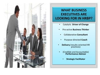 WHAT BUSINESS
EXECUTIVES ARE
LOOKING FOR IN HRBP?
• Catalytic Driver of Change
• Pro-active Business Thinker
• Collaborative Consultant
• Purpose-directed Coach
• Delivery (results-oriented HR
practices)
• (Credible and Accountable)
Performance Advisor
• Strategic Facilitator
 