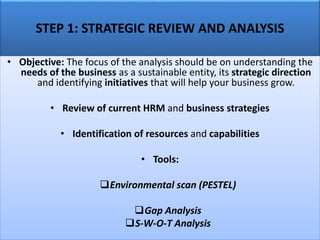 STEP 1: STRATEGIC REVIEW AND ANALYSIS
• Objective: The focus of the analysis should be on understanding the
needs of the business as a sustainable entity, its strategic direction
and identifying initiatives that will help your business grow.
• Review of current HRM and business strategies
• Identification of resources and capabilities
• Tools:
Environmental scan (PESTEL)
Gap Analysis
S-W-O-T Analysis
 