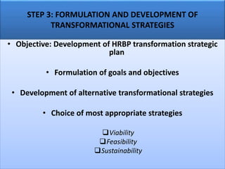 STEP 3: FORMULATION AND DEVELOPMENT OF
TRANSFORMATIONAL STRATEGIES
• Objective: Development of HRBP transformation strategic
plan
• Formulation of goals and objectives
• Development of alternative transformational strategies
• Choice of most appropriate strategies
Viability
Feasibility
Sustainability
 