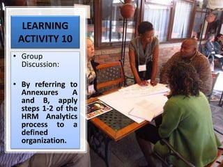 LEARNING
ACTIVITY 10
• Group
Discussion:
• By referring to
Annexures A
and B, apply
steps 1-2 of the
HRM Analytics
process to a
defined
organization.
 