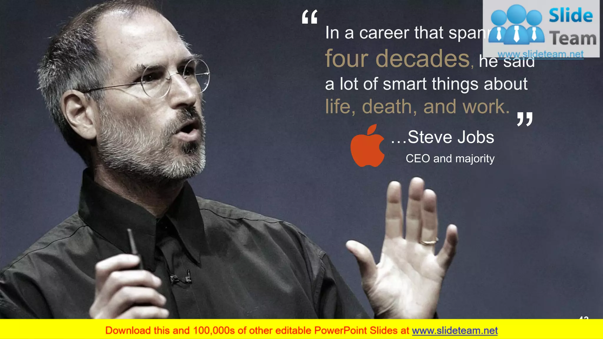 In a career that spanned
four decades, he said
a lot of smart things about
life, death, and work.
“ “
…Steve Jobs
CEO and majority
43
 