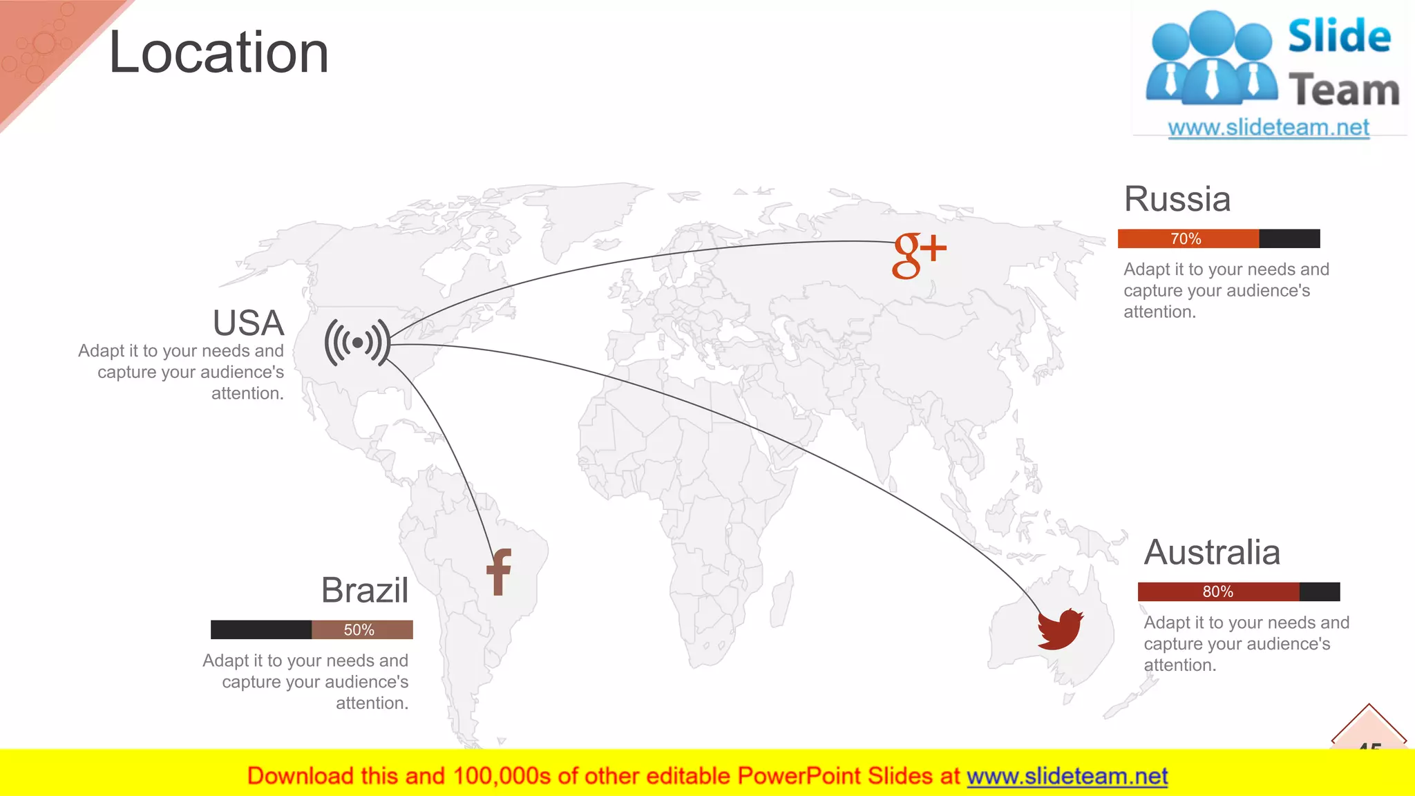 Adapt it to your needs and
capture your audience's
attention.
USA
Adapt it to your needs and
capture your audience's
attention.
Brazil
50% Adapt it to your needs and
capture your audience's
attention.
Australia
80%
Adapt it to your needs and
capture your audience's
attention.
Russia
70%
45
Location
 