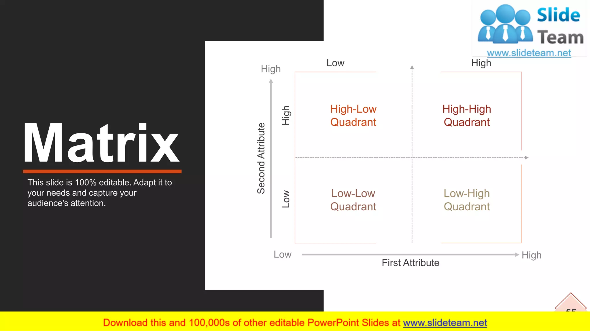 55
MatrixThis slide is 100% editable. Adapt it to
your needs and capture your
audience's attention.
High-Low
Quadrant
High-High
Quadrant
Low-High
Quadrant
Low-Low
Quadrant
Low High
LowHigh
Low
High
High
SecondAttribute First Attribute
 