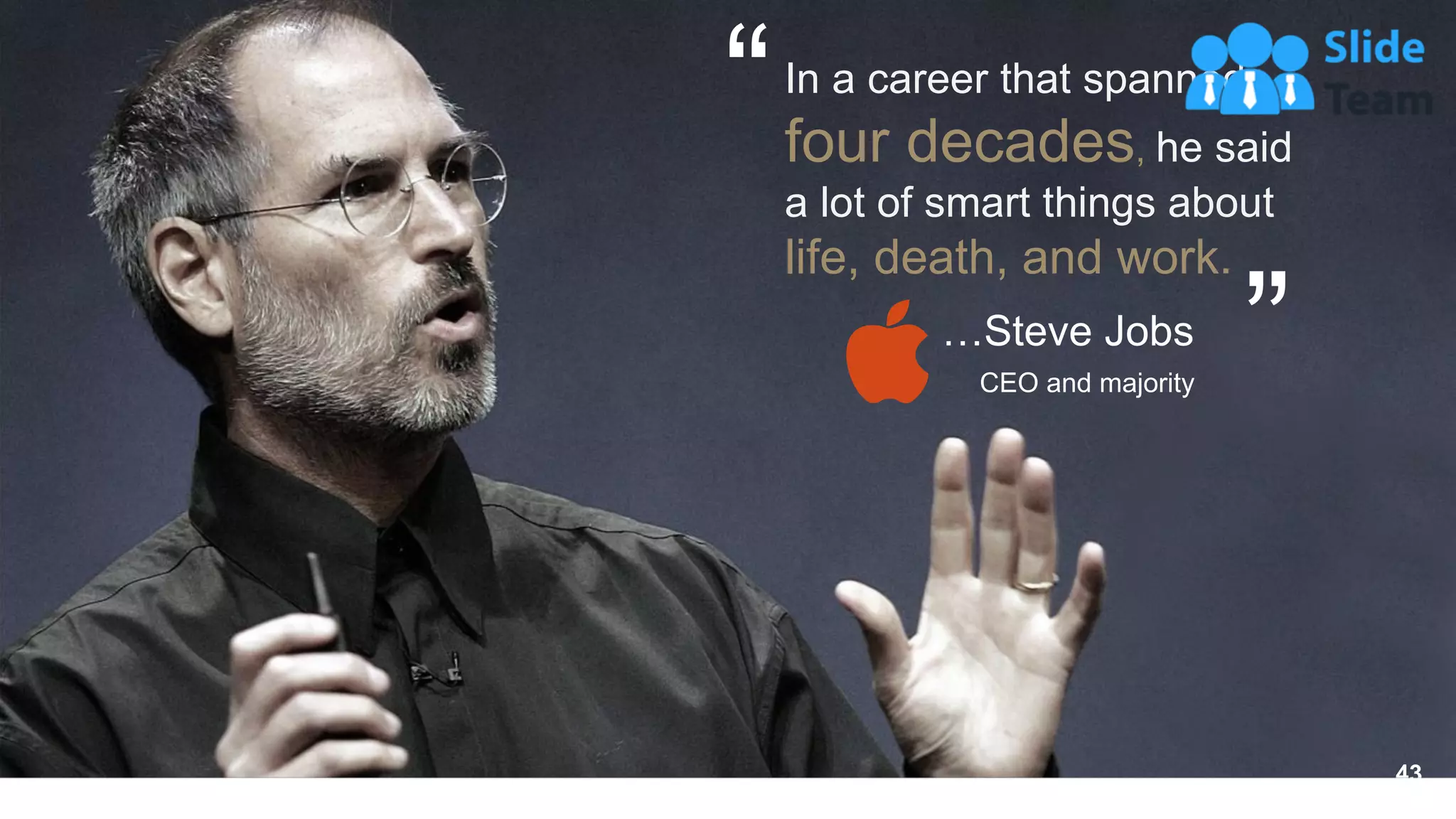 In a career that spanned
four decades, he said
a lot of smart things about
life, death, and work.
“ “
…Steve Jobs
CEO and majority
43
 