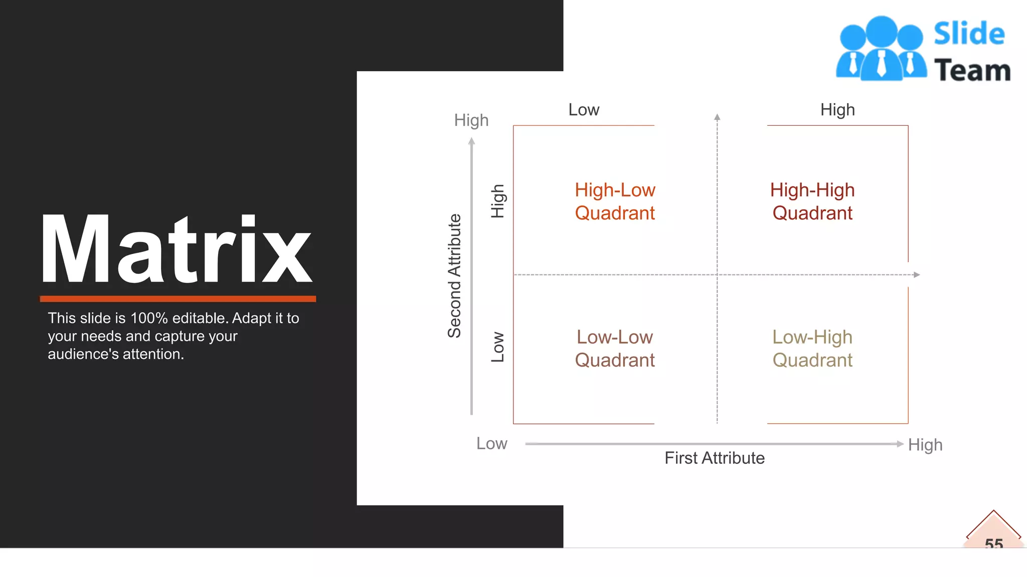 55
Matrix
This slide is 100% editable. Adapt it to
your needs and capture your
audience's attention.
High-Low
Quadrant
High-High
Quadrant
Low-High
Quadrant
Low-Low
Quadrant
Low High
Low
High
Low
High
High
Second
Attribute First Attribute
 