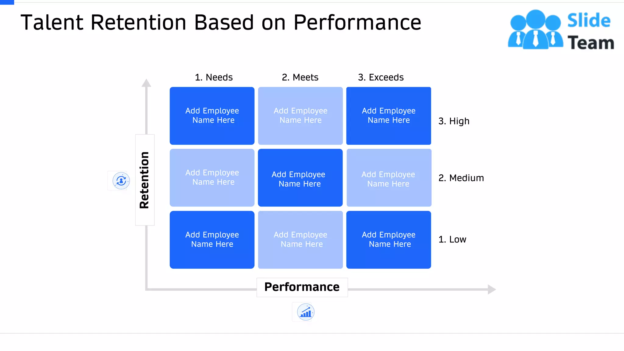 Talent Retention Based on Performance
11
Add Employee
Name Here
Add Employee
Name Here
Add Employee
Name Here
Add Employee
Name Here
Add Employee
Name Here
Add Employee
Name Here
Add Employee
Name Here
Add Employee
Name Here
Add Employee
Name Here
3. High
2. Medium
1. Low
1. Needs 2. Meets 3. Exceeds
Performance
Retention
This slide is 100% editable. Adapt it to your needs and capture your audience's attention.
 