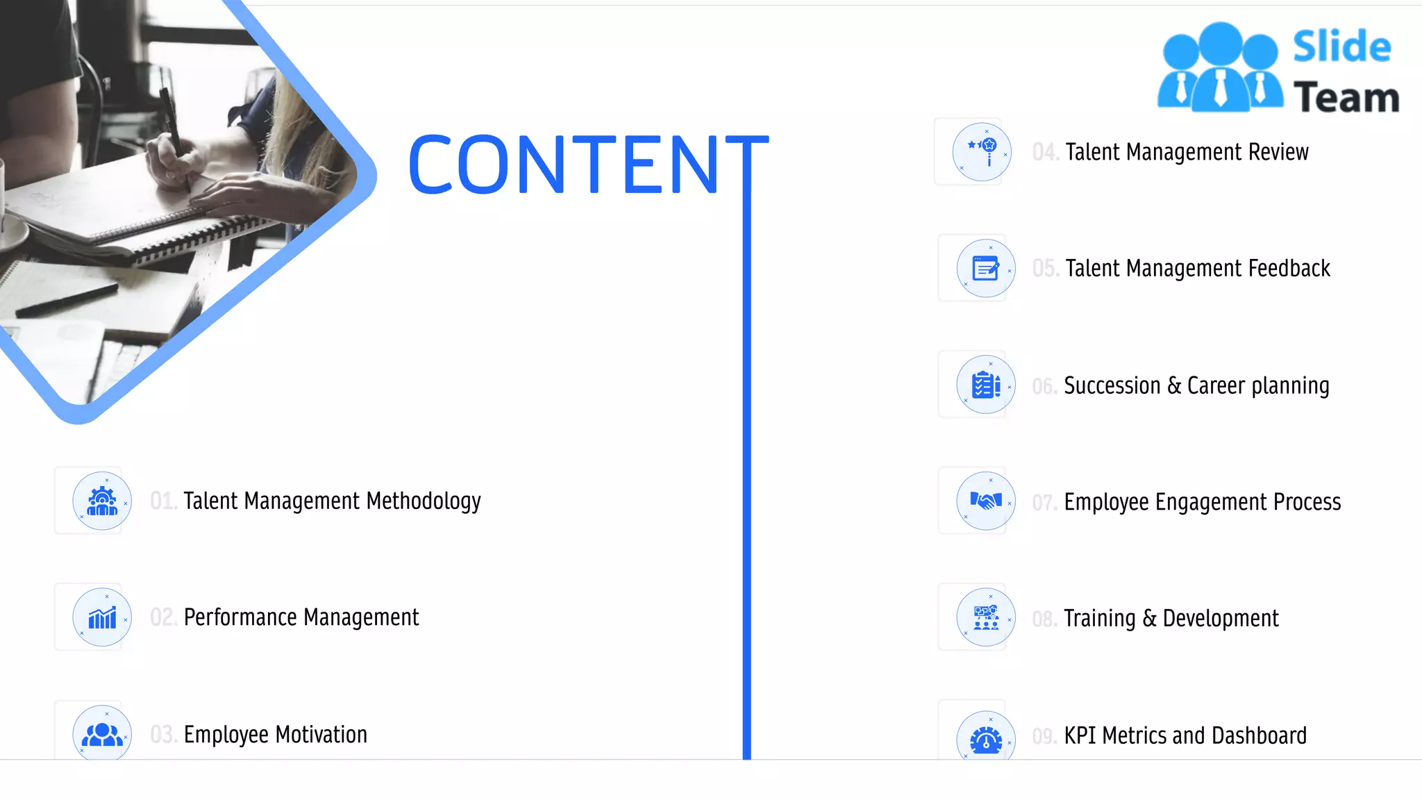 2
CONTENT
01. Talent Management Methodology
02. Performance Management
03. Employee Motivation
04. Talent Management Review
05. Talent Management Feedback
06. Succession & Career planning
07. Employee Engagement Process
08. Training & Development
09. KPI Metrics and Dashboard
 