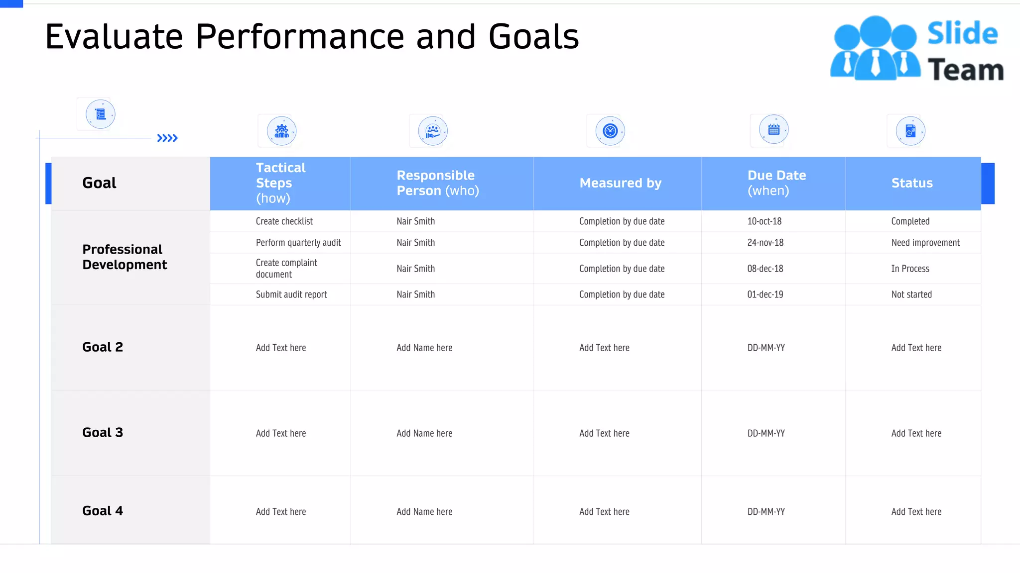 Evaluate Performance and Goals
25
Goal
Tactical
Steps
(how)
Responsible
Person (who)
Measured by
Due Date
(when)
Status
Professional
Development
Create checklist Nair Smith Completion by due date 10-oct-18 Completed
Perform quarterly audit Nair Smith Completion by due date 24-nov-18 Need improvement
Create complaint
document
Nair Smith Completion by due date 08-dec-18 In Process
Submit audit report Nair Smith Completion by due date 01-dec-19 Not started
Goal 2 Add Text here Add Name here Add Text here DD-MM-YY Add Text here
Goal 3 Add Text here Add Name here Add Text here DD-MM-YY Add Text here
Goal 4 Add Text here Add Name here Add Text here DD-MM-YY Add Text here
This slide is 100% editable. Adapt it to your needs and capture your audience's attention.
 