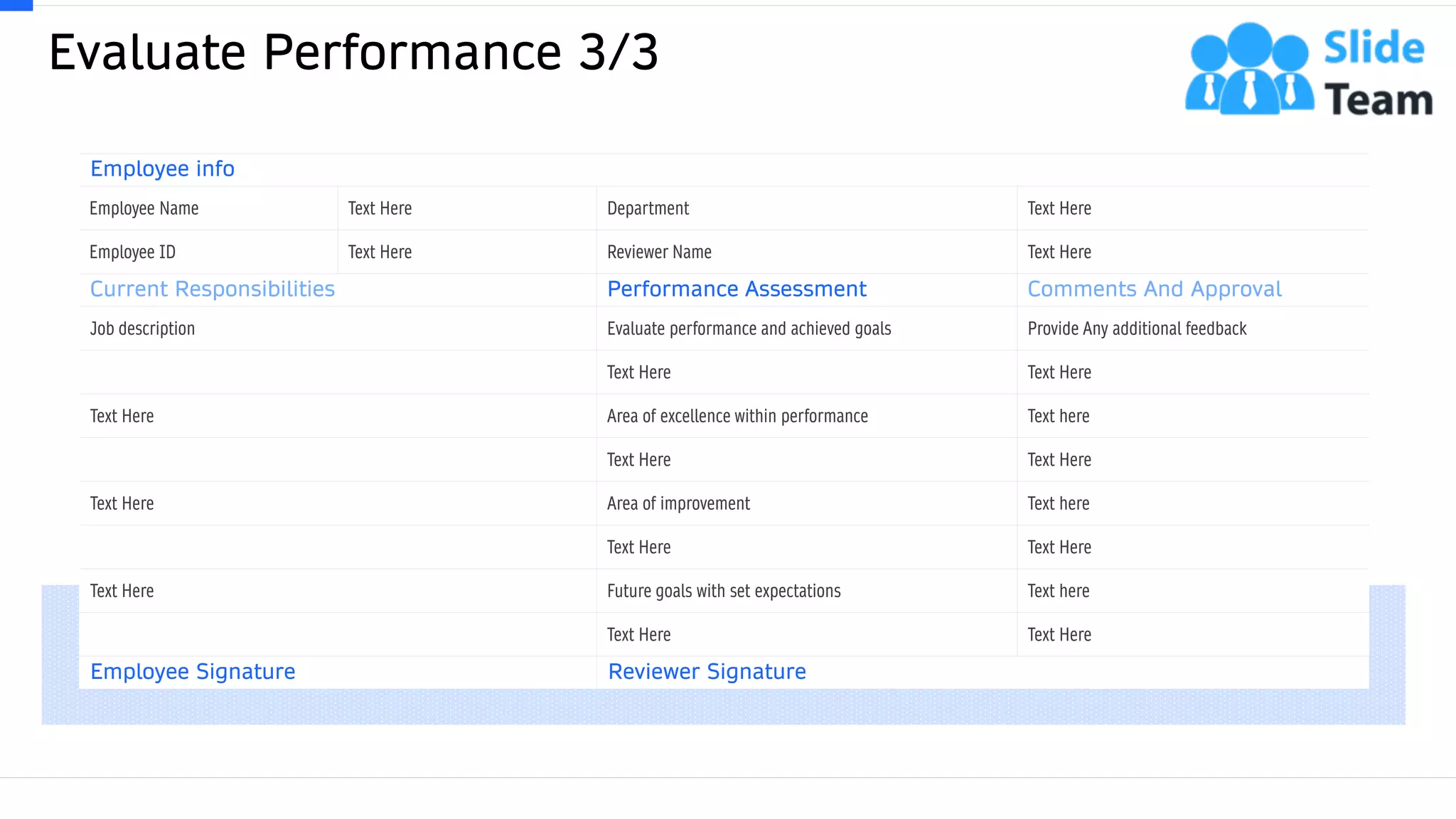 Evaluate Performance 3/3
29
Employee info
Employee Name Text Here Department Text Here
Employee ID Text Here Reviewer Name Text Here
Current Responsibilities Performance Assessment Comments And Approval
Job description Evaluate performance and achieved goals Provide Any additional feedback
Text Here Text Here
Text Here Area of excellence within performance Text here
Text Here Text Here
Text Here Area of improvement Text here
Text Here Text Here
Text Here Future goals with set expectations Text here
Text Here Text Here
Employee Signature Reviewer Signature
This slide is 100% editable. Adapt it to your needs and capture your audience's attention.
 