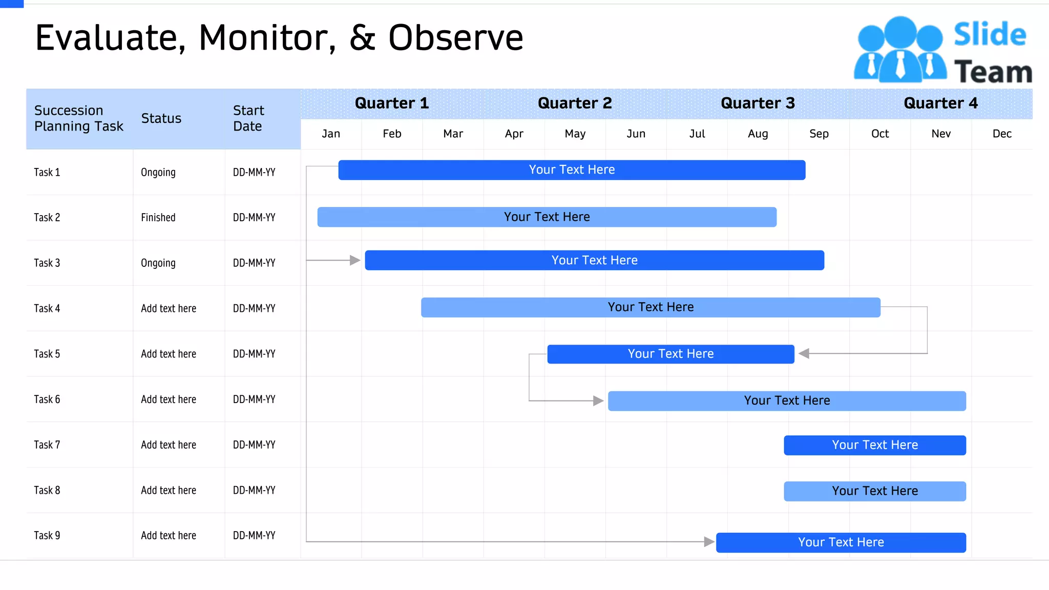 Evaluate, Monitor, & Observe
39
Succession
Planning Task
Status
Start
Date
Quarter 1 Quarter 2 Quarter 3 Quarter 4
Jan Feb Mar Apr May Jun Jul Aug Sep Oct Nev Dec
Task 1 Ongoing DD-MM-YY
Task 2 Finished DD-MM-YY
Task 3 Ongoing DD-MM-YY
Task 4 Add text here DD-MM-YY
Task 5 Add text here DD-MM-YY
Task 6 Add text here DD-MM-YY
Task 7 Add text here DD-MM-YY
Task 8 Add text here DD-MM-YY
Task 9 Add text here DD-MM-YY
Your Text Here
Your Text Here
Your Text Here
Your Text Here
Your Text Here
Your Text Here
Your Text Here
Your Text Here
Your Text Here
This slide is 100% editable. Adapt it to your needs and capture your audience's attention.
 
